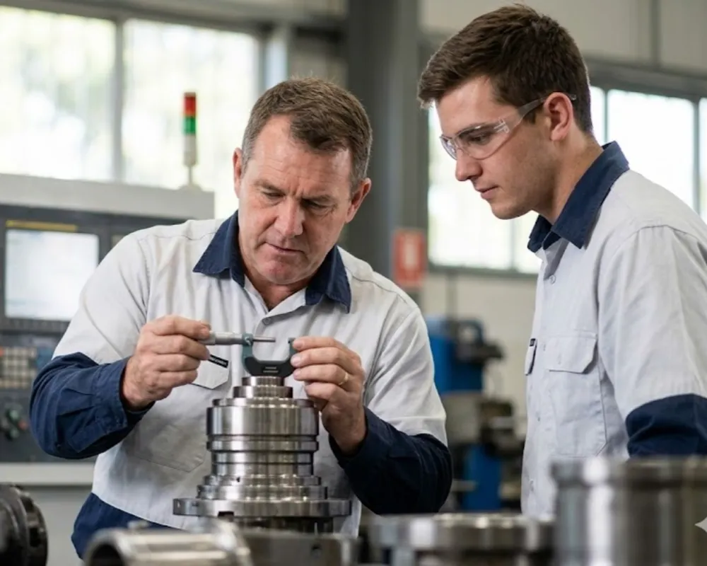 Contenido Original de ACERO Y ROCA - Prohibida su reproducción Compre local minero Jáchal. Ingenieros de San Juan realizando control de calidad de precisión con un micrómetro en una pieza mecánica para minería, certificando la competitividad local. Imagen ilustrativa de Acero y Roca.