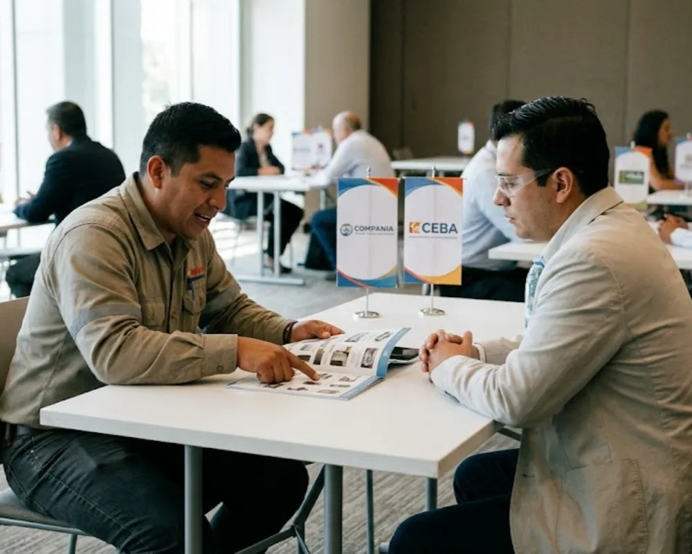 Contenido Original de ACERO Y ROCA - Prohibida su reproducción Compre local minero Jáchal. Ronda de negocios en San Juan, Argentina, donde proveedores locales de Jáchal presentan sus servicios mineros a representantes corporativos en una mesa de reuniones, capturado con una cámara profesional. Imagen ilustrativa de Acero y Roca.