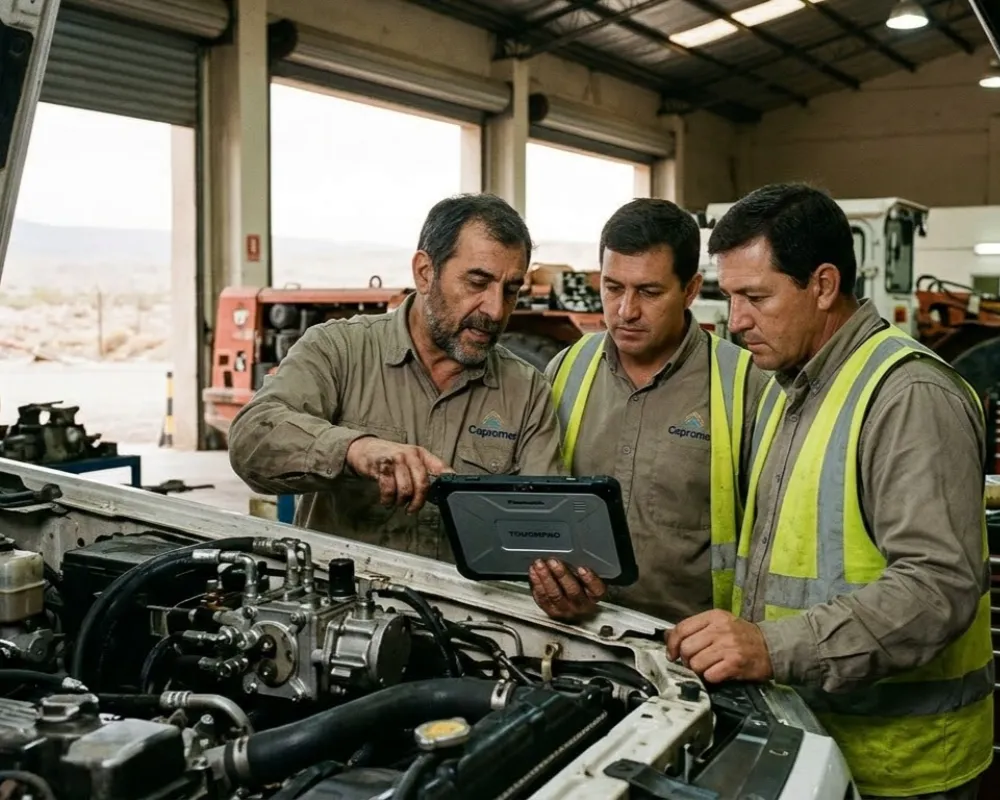 Contenido Original de ACERO Y ROCA - Prohibida su reproducción Trabajadores mineros de Ullum recibiendo capacitación técnica sobre maquinaria pesada de proveedores. Imagen ilustrativa de Acero y Roca.