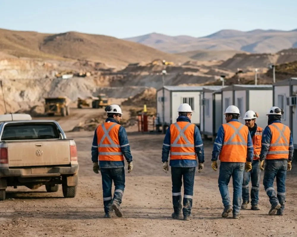 Contenido Original de ACERO Y ROCA - Prohibida su reproducción Un grupo de trabajadores mineros profesionales camina hacia un campamento modular de viviendas. Imagen ilustrativa de Acero y Roca.