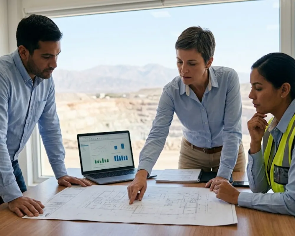 Imagen de Acero y Roca Un grupo de tres ejecutivos corporativos de minería reunidos en una sala de juntas moderna. Imagen ilustrativa de Acero y Roca.