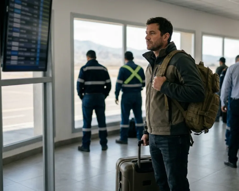 Imagen de ACERO Y ROCA Un técnico minero profesional en ropa de civil, con una mochila táctica y una maleta con ruedas, mira un panel de salidas en una terminal de aeropuerto regional en San Juan, Argentina. Imagen ilustrativa de Acero y Roca.