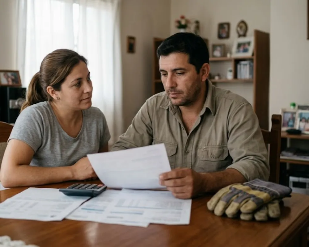 Imagen de ACERO Y ROCA Una pareja argentina, un hombre que es trabajador minero y una mujer, sentados en la sala de su casa modesta pero cómoda, mirando documentos financieros como facturas y extractos bancarios en San Juan. Imagen ilustrativa de Acero y Roca.