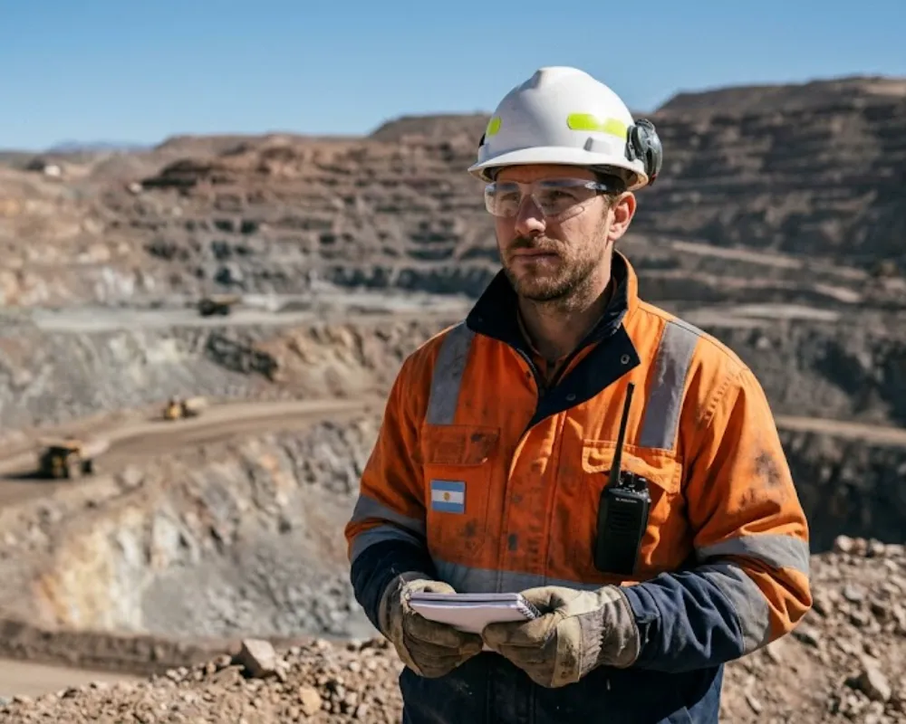 Contenido Original de ACERO Y ROCA - Prohibida su reproducción Un retrato fotográfico realista y profesional tomado con luz natural de un técnico minero argentino profesional con casco blanco y chaleco reflectante, parado frente a una gran mina a cielo abierto en San Juan, Argentina, con un walkie-talkie y una mirada atenta. Imagen ilustrativa de Acero y Roca.