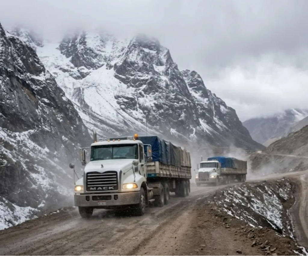Contenido Original de ACERO Y ROCA - Prohibida su reproducción Logística minera alta montaña. Choferes manejando en la montaña. Imagen ilustrativa de Acero y Roca.