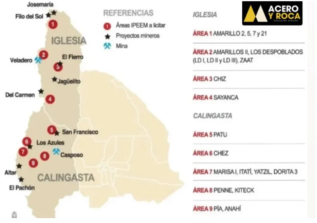 mapa de San Juan con los proyectos mineros.