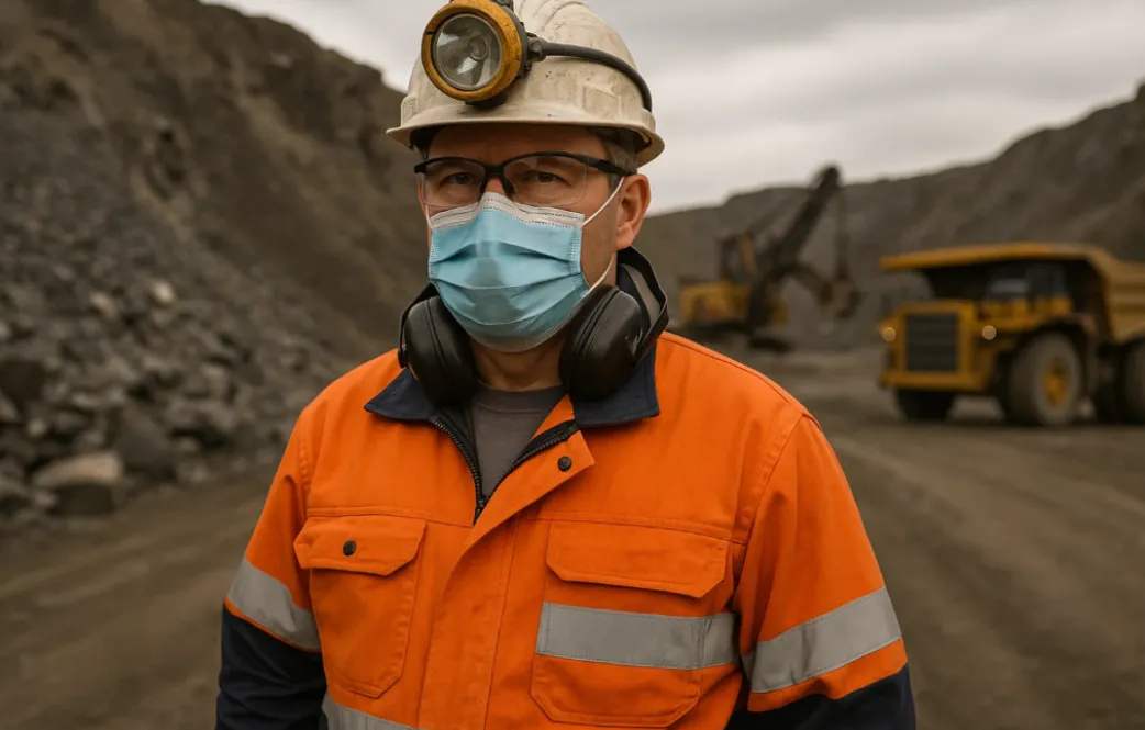 Trabajador minero con barbijo.