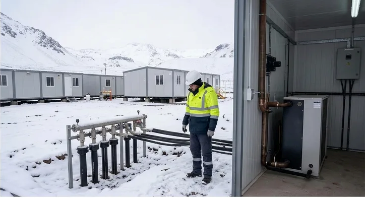 Contenido Original de ACERO Y ROCA - Prohibida su reproducción Técnico inspecciona el sistema de colectores y bombas de calor geotérmicas