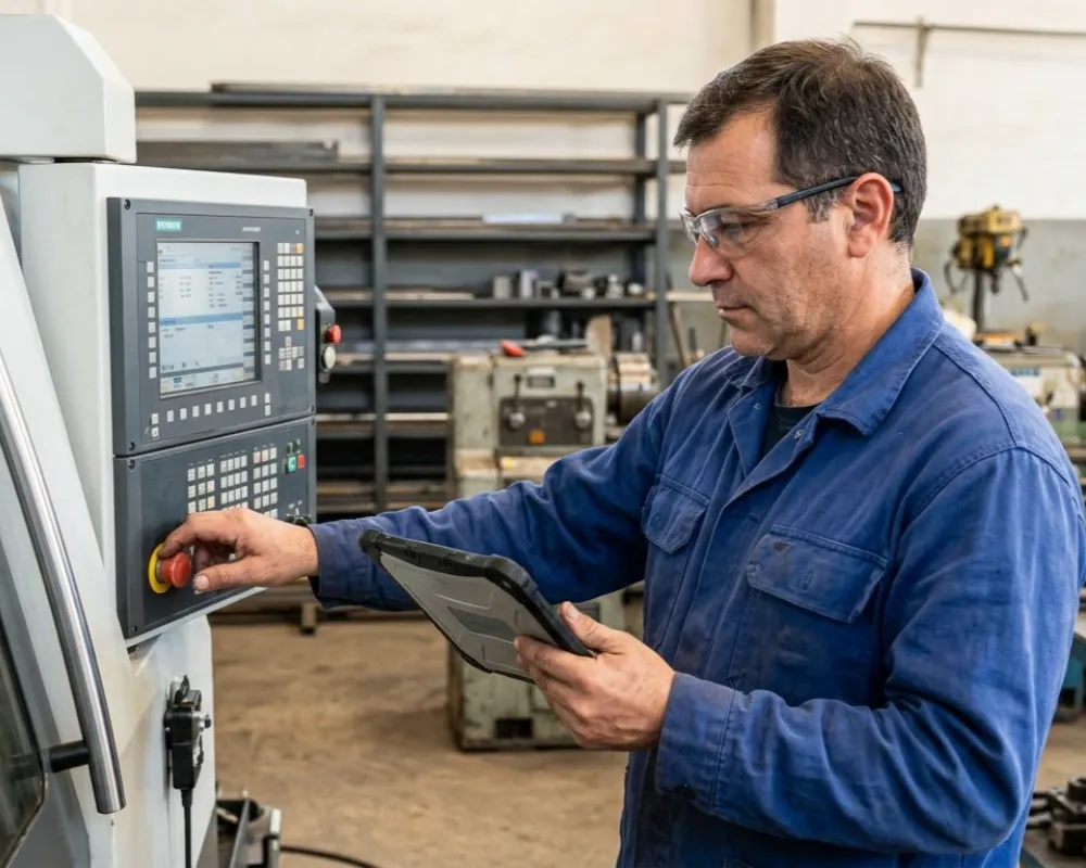 Imagen de Acero y Roca Un operario industrial metalmecánico en San Juan opera una máquina CNC moderna, representando la inversión tecnológica de la industria local. Imagen ilustrativa de Acero y Roca.