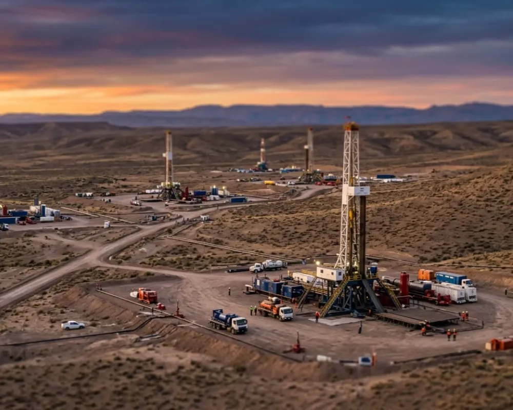 Contenido Original de ACERO Y ROCA - Prohibida su reproducción Vista aérea de las operaciones en la Cuenca Neuquina, pilar del nuevo orden energético regional. Imagen ilustrativa de Acero y Roca