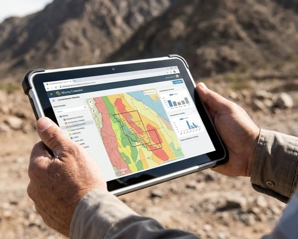 Contenido Original de ACERO Y ROCA - Prohibida su reproducción Manos sujetando una tablet con un mapa geológico. Imagen de Acero y Roca