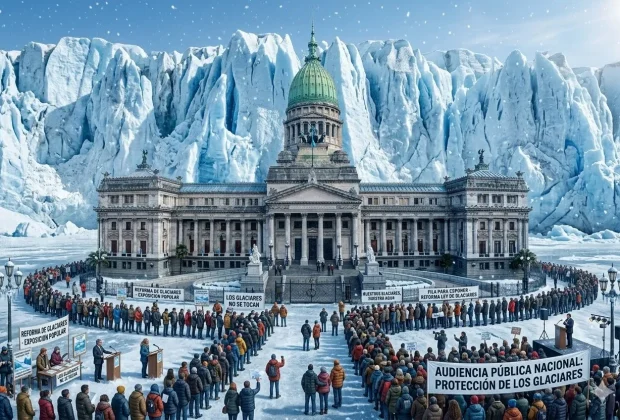 Una multitud histórica de 84.000 inscriptos hace fila frente al Congreso Nacional, rodeado por una muralla de glaciares, para participar en las audiencias por la Ley de Glaciares.
