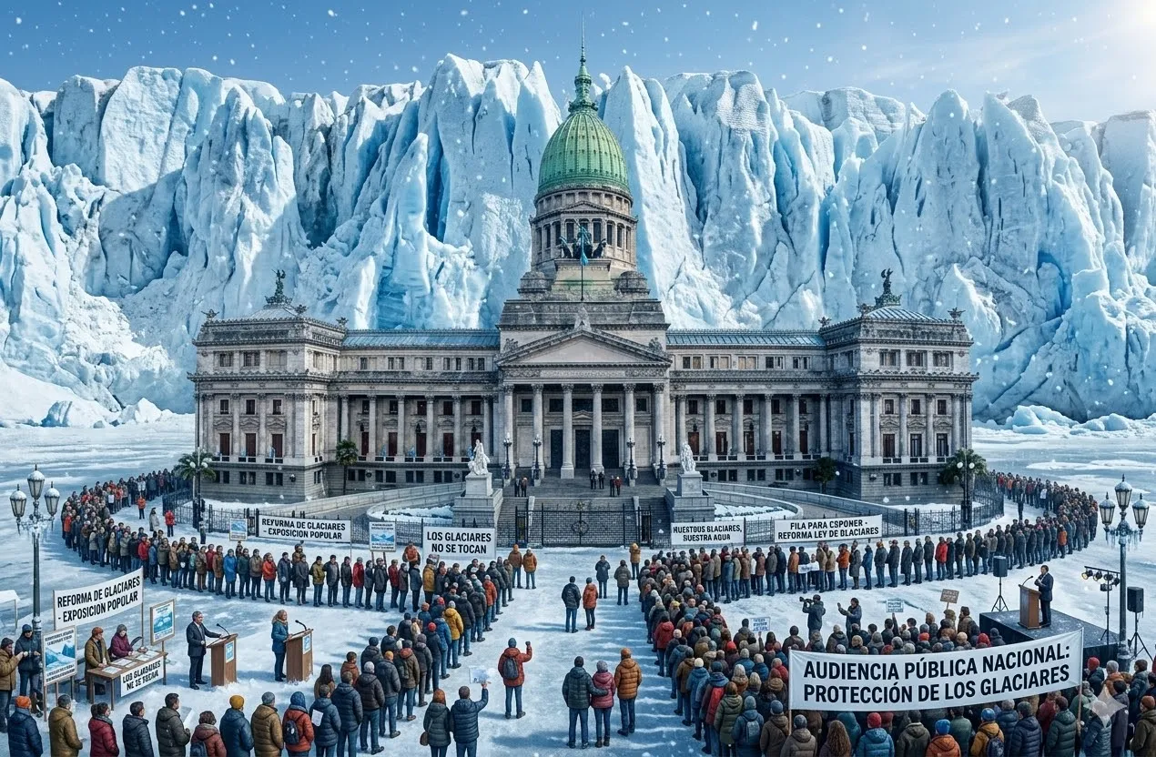 Contenido Original de ACERO Y ROCA - Prohibida su reproducción Una multitud histórica de 84.000 inscriptos hace fila frente al Congreso Nacional, rodeado por una muralla de glaciares, para participar en las audiencias por la Ley de Glaciares. Imagen de Acero y Roca