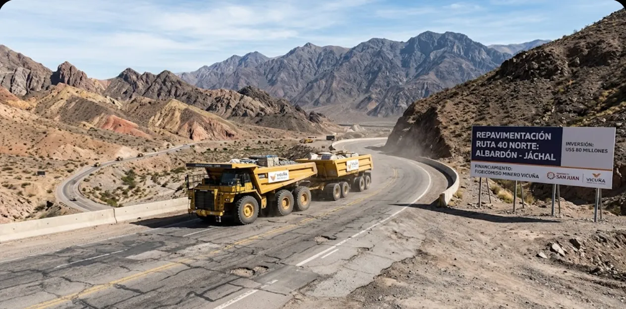 Contenido Original de ACERO Y ROCA - Prohibida su reproducción Imagen de la cordillera con camiones de Vicuña transitando por la ruta 40. Imagen de Acero y Roca