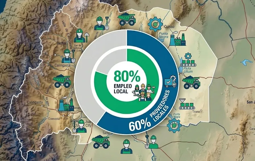 Gráfico de los porcentajes de la ley minera de San Juan: 80% empleo local y 60% proveedores locales. Contenido Original de ACERO Y ROCA - Prohibida su reproducción