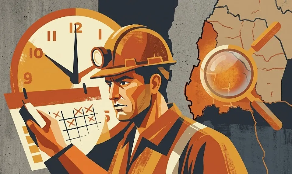 Trabajador minero mirando un calendario, representando el requisito de 12 meses de residencia para ser considerado local. Contenido Original de ACERO Y ROCA - Prohibida su reproducción