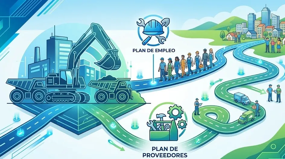 Esquema de los dos planes obligatorios de la ley minera sanjuanina: empleo local y proveedores locales. Contenido Original de ACERO Y ROCA - Prohibida su reproducción