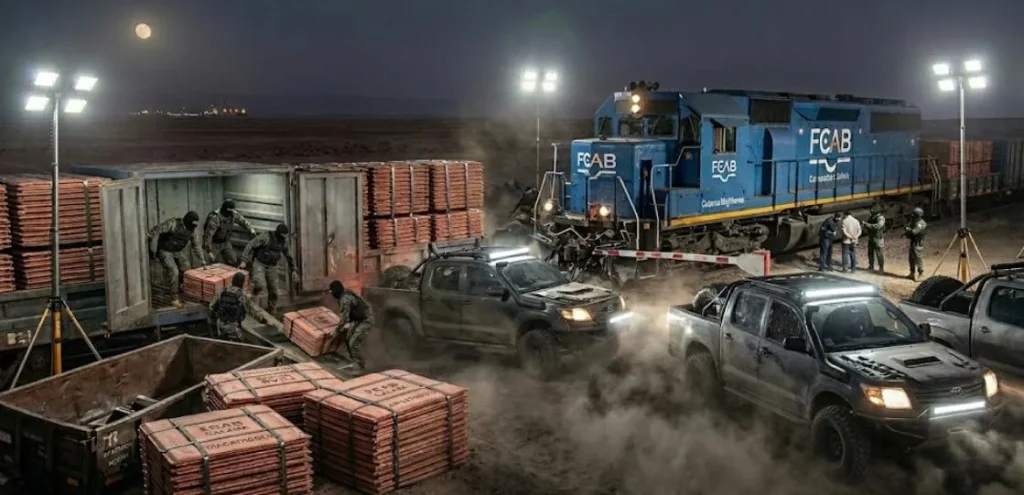 Simulación de lo que pudo ser el asalto comando: logística de alta velocidad y extracción rápida de cátodos en plena madrugada. Contenido Original de ACERO Y ROCA - Prohibida su reproducción