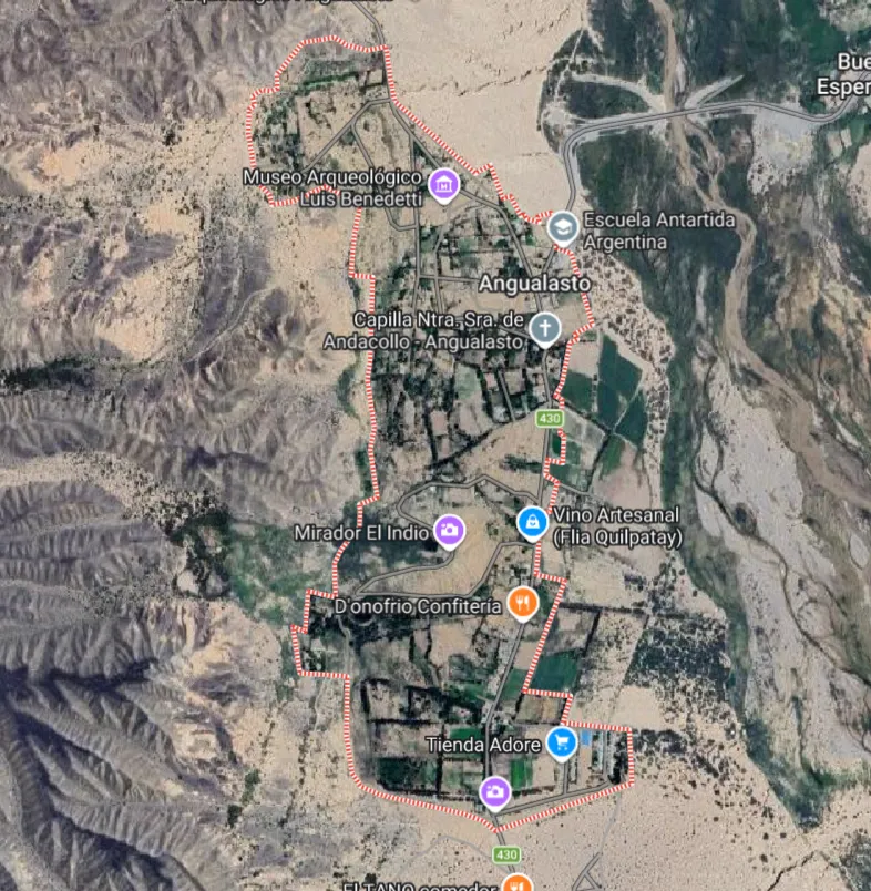 Mapa de Angualasto, San Juan, el pueblo atravesado por el tránsito pesado de Vicuña.