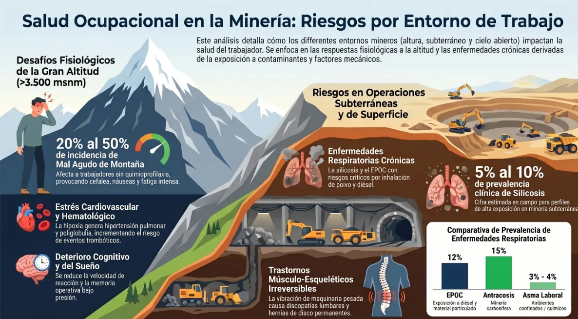 Infografía sobre las enfermedades que produce la minería y su impacto en el organismo. Contenido Original de ACERO Y ROCA - Prohibida su reproducción
