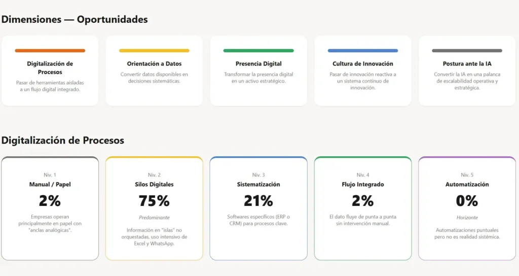 Gráfico de madurez digital de 42 pymes sanjuaninas: 0% líder, 17% avanzado, 57% en desarrollo, 26% inicial.