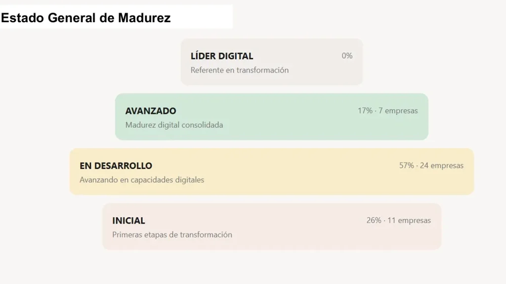 Gráfico del Diagnóstico de Madurez Digital: 0% de las empresas alcanzó el nivel "Líder Digital". Solo 7 de cada 42 están en etapa avanzada. El 83% aún está en fases iniciales o de desarrollo.