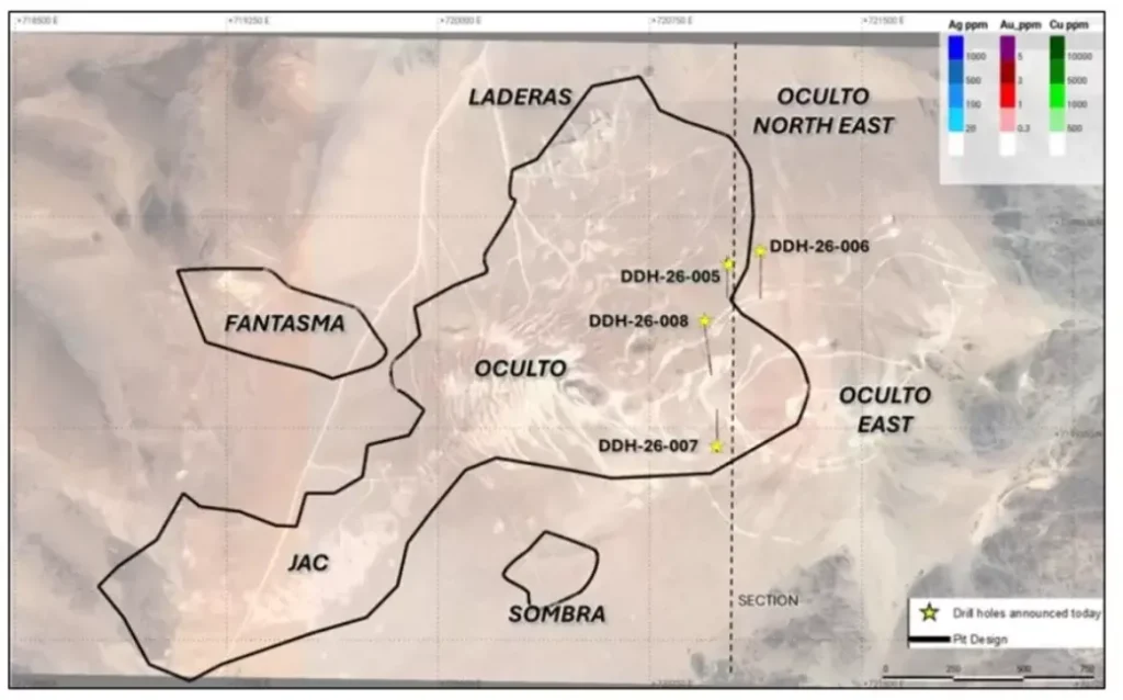 Vista en planta de los resultados de la perforación