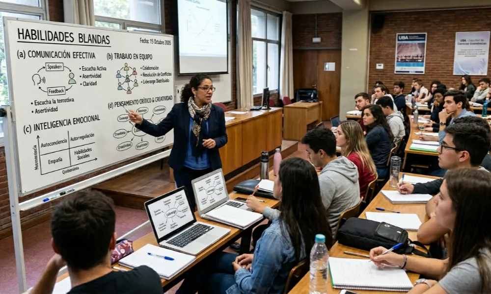 clase de habilidades blandas con docente explicando comunicación, trabajo en equipo e inteligencia emocional frente a estudiantes en aula presencial. Contenido Original de ACERO Y ROCA - Prohibida su reproducción