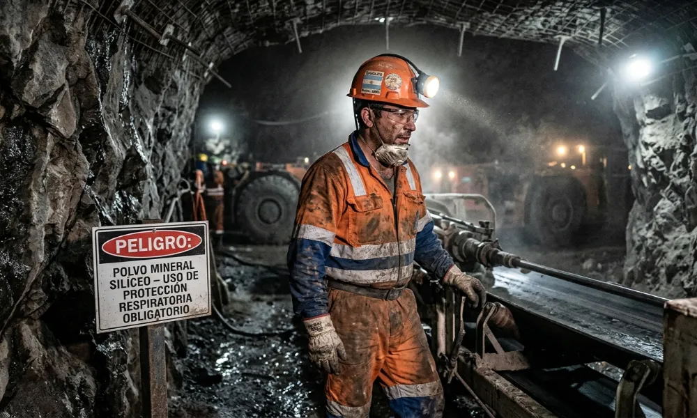 Minero con casco naranja, lámpara frontal encendida y barbijo respiratorio trabaja en el interior de un túnel subterráneo. Contenido Original de ACERO Y ROCA - Prohibida su reproducción