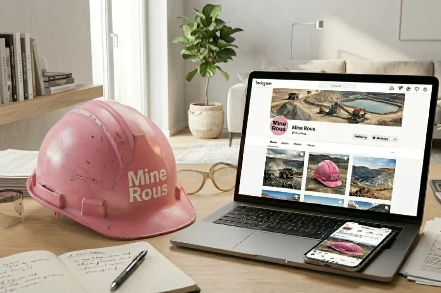 comunicación minera digital en Mine Rous mostrada en laptop y celular junto a casco minero en escritorio