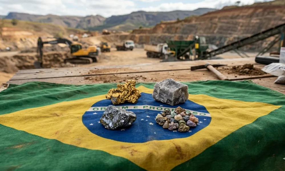 Contenido Original de ACERO Y ROCA - Prohibida su reproducción Bandera de Brasil y minerales críticos. Imagen ilustrativa: ACERO Y ROCA.