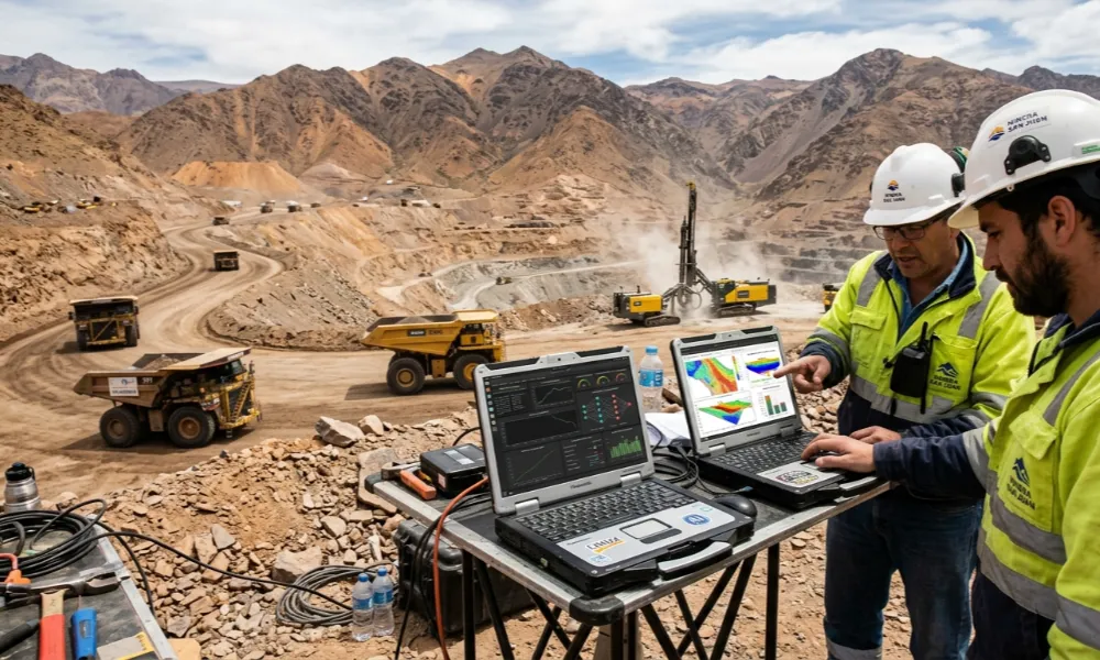 Software libre minería San Juan: técnicos analizan datos con inteligencia artificial en operación minera equipos y camiones en cordillera. Contenido Original de ACERO Y ROCA - Prohibida su reproducción 