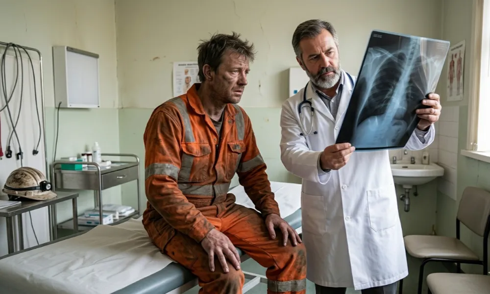 Trabajador minero en mameluco naranja sucio y deteriorado, sentado en una camilla de consultorio médico con gesto de agotamiento y preocupación.Contenido Original de ACERO Y ROCA - Prohibida su reproducción