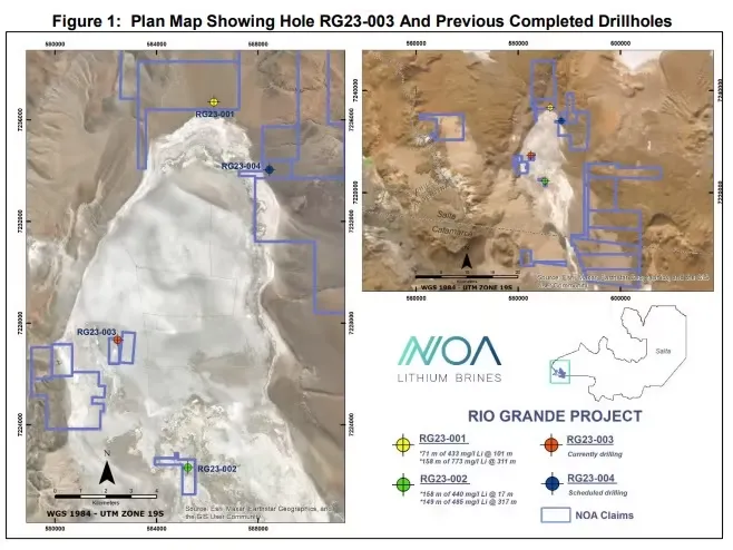Mapa de ubicación del proyecto de litio Río Grande en la provincia de Salta, mostrando su cercanía a otros salares del Triángulo del Litio.