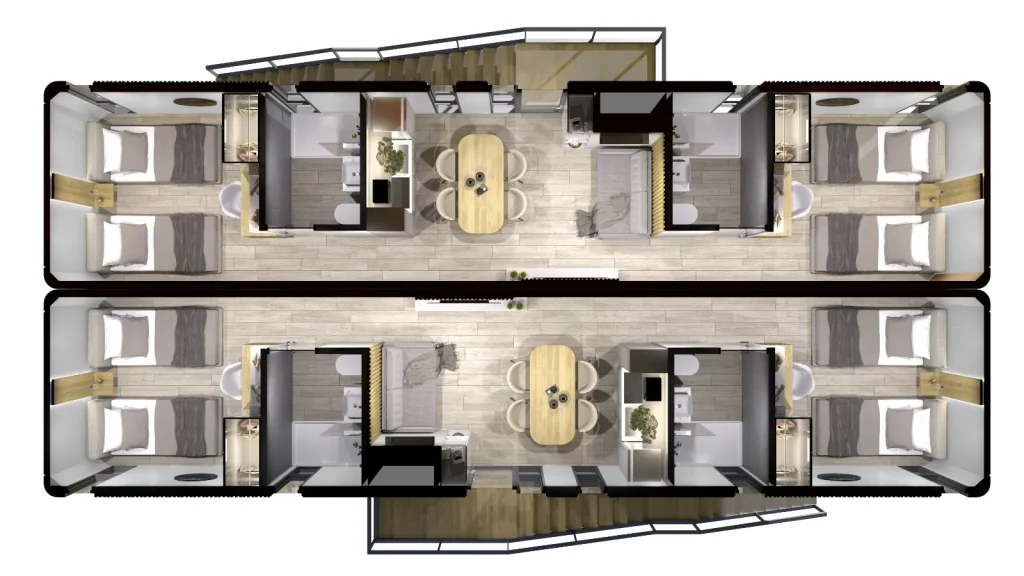 Plano técnico de arquitectura que muestra la distribución interna de una casa de 50 metros cuadrados: habitaciones, cocina-comedor y antebaño.