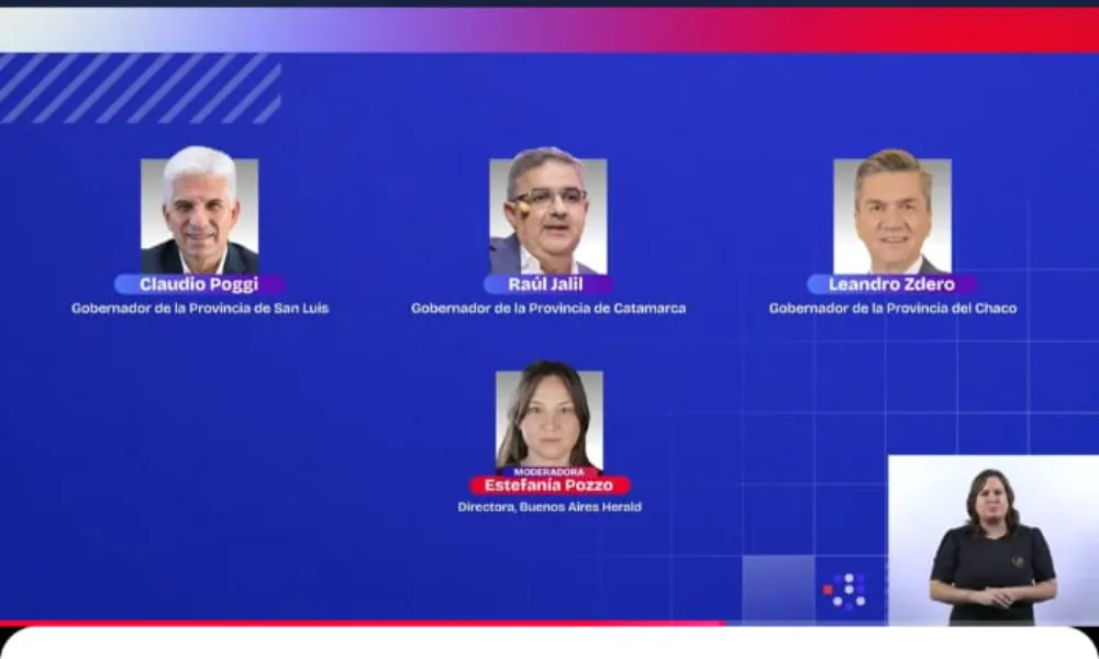 captura de pantalla con retrato de los disertantes del Debate federal II
Claudio Poggi (Gobernador de San Luis), Leandro Zdero (Gobernador de Chaco) y Raúl Jalil (Gobernador de Catamarca) Modera: Estefanía Pozzo, BA Herald