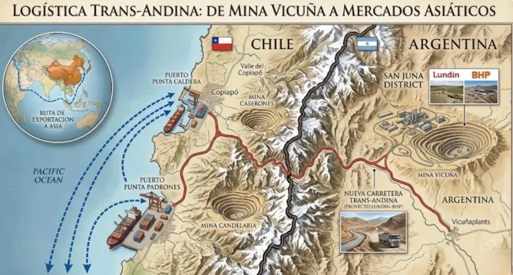 Diagrama de la logística transandina del Distrito Vicuña conectando San Juan con los puertos de Chile. Contenido Original de ACERO Y ROCA - Prohibida su reproducción