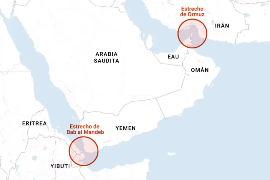 Mapa del Estrecho de Ormuz mostrando rutas de suministro de azufre para minería.
