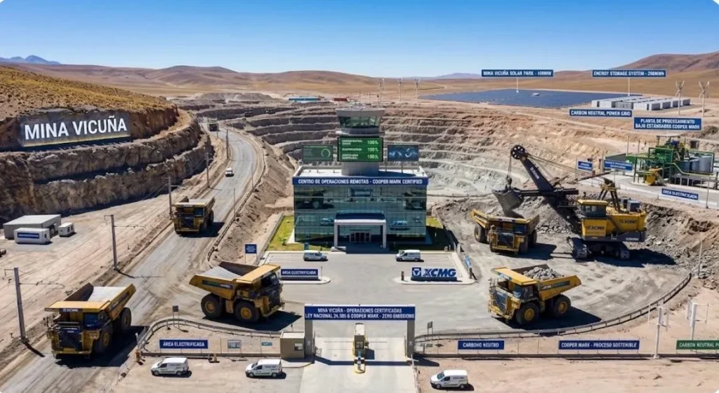 Camión minero de gran escala operando con sistema de catenarias eléctricas (Trolley Assist). Contenido Original de ACERO Y ROCA - Prohibida su reproducción