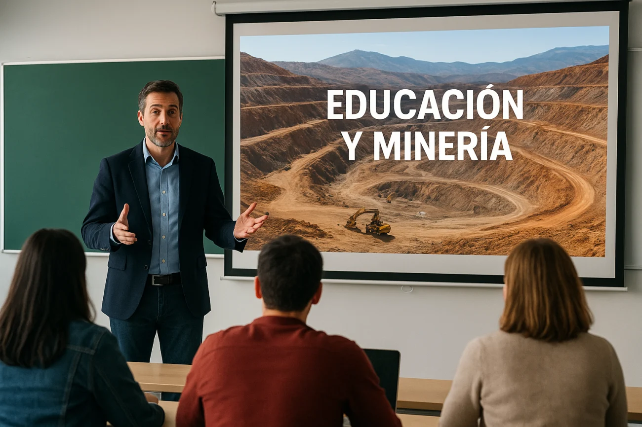 Docente dando clases de minería en un aula con alumnos.