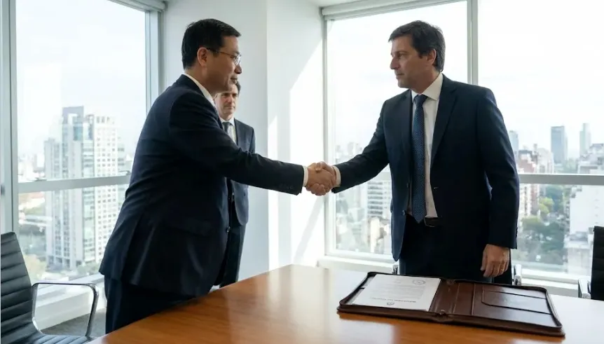 Ejecutivos estrechando sus manos en una oficina.  Imagen ilustrativa de Acero y Roca