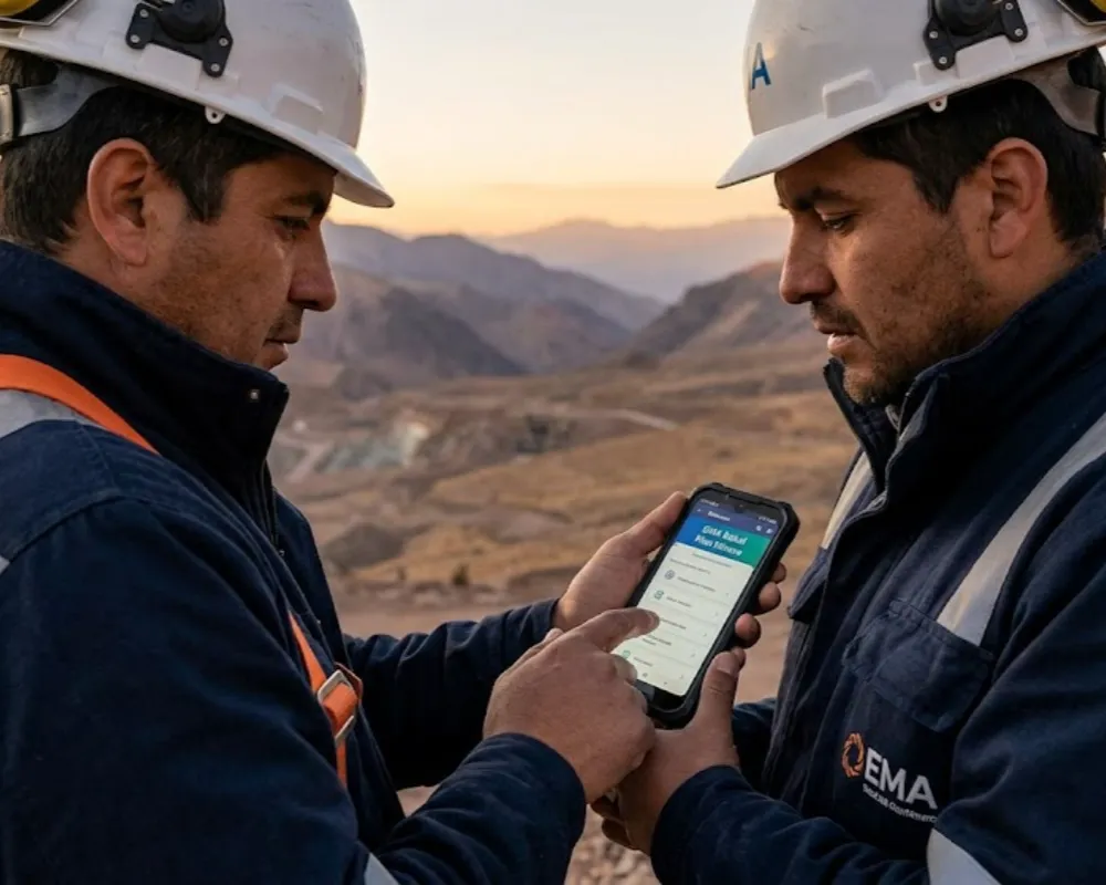 Imagen de ACERO Y ROCA Un trabajador minero con equipo de seguridad interactuando con una interfaz digital del EMA Salud Plan Minero en un smartphone resistente en un sitio de minería andino de gran altitud. Imagen ilustrativa de Acero y Roca.