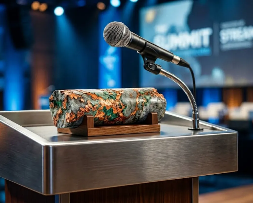 Contenido Original de ACERO Y ROCA - Prohibida su reproducción Cobre en primer plano: Un testigo de perforación geológica pulido con mineralización de cobre de alta ley sobre un atril de conferencia, listo para el diálogo productivo en el AmCham Summit 2026. Imagen ilustrativa Acero y Roca.