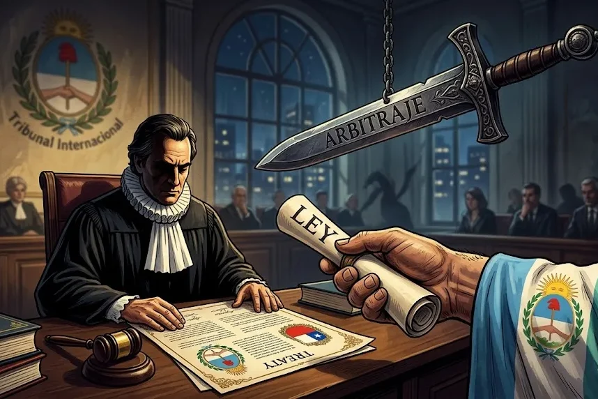 Concepto gráfico de arbitraje internacional por una ley de proveedores que viola el tratado minero con Chile. Contenido Original de ACERO Y ROCA - Prohibida su reproducción