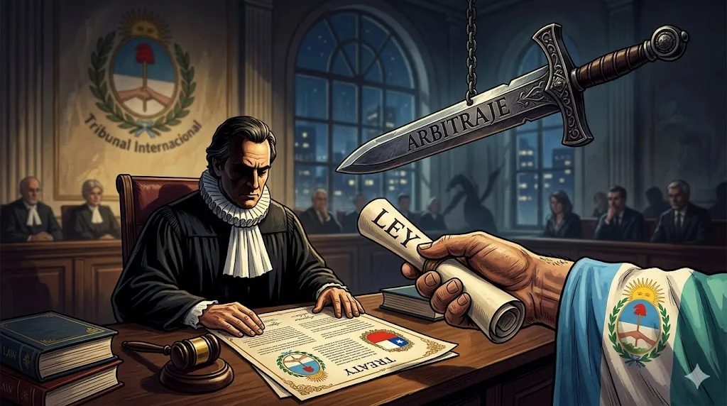 Concepto gráfico de arbitraje internacional por una ley de proveedores que viola el tratado minero con Chile.