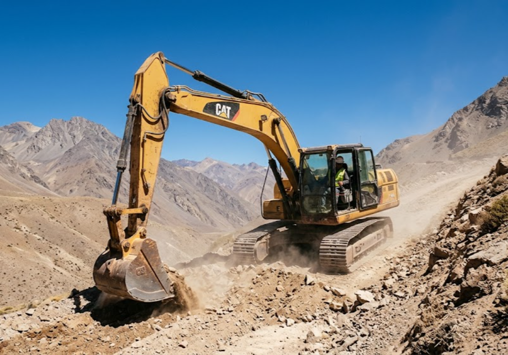 Excavadora operando en la apertura de caminos mineros en la cordillera. Contenido Original de ACERO Y ROCA - Prohibida su reproducción