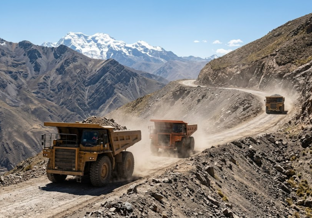 Flota de camiones de Bermejo Mining trabajando en minería de altura. Contenido Original de ACERO Y ROCA - Prohibida su reproducción