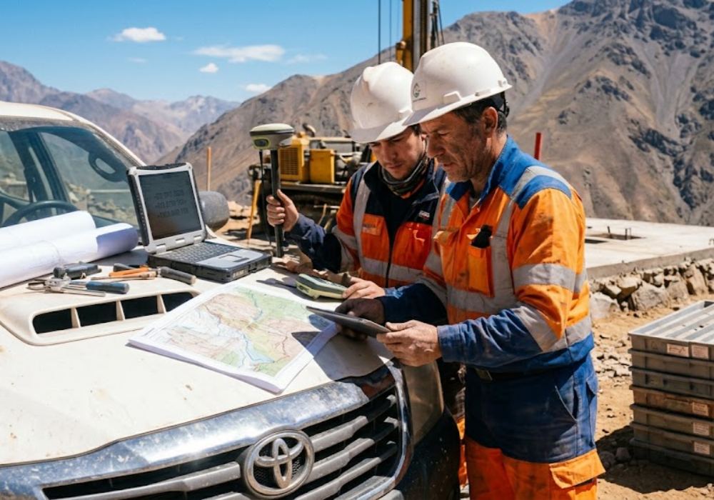 Personal directivo supervisando logística minera en terreno. Contenido Original de ACERO Y ROCA - Prohibida su reproducción