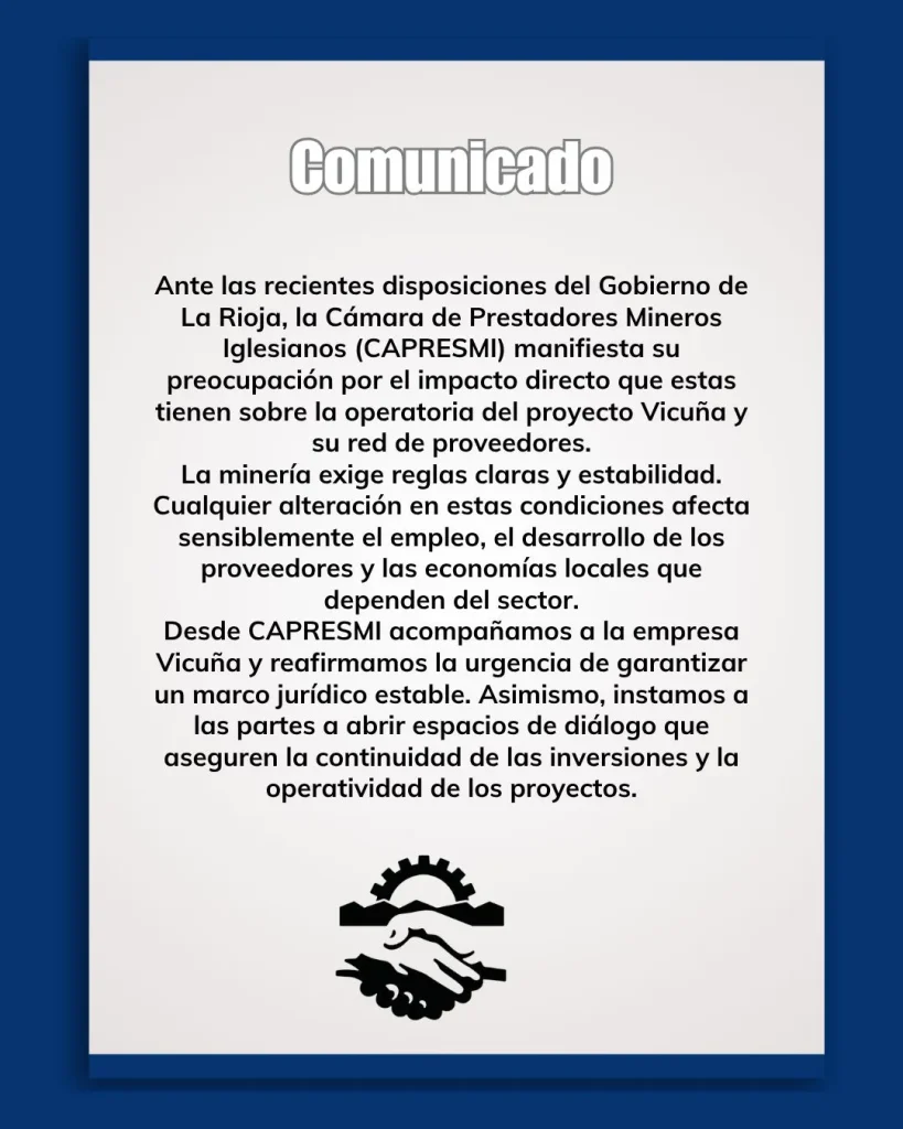 Comunicado de CAPRESMI de respaldo a Vicuña en medio del conflicto con La Rioja.
