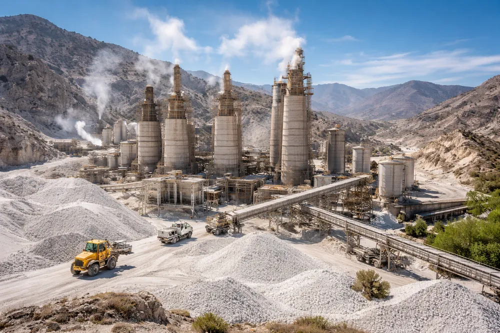 Contenido Original de ACERO Y ROCA Planta de producción de cal con hornos verticales, cintas transportadoras y acopios de piedra caliza en entorno de montaña. Imagen ilustrativa de Acero y Roca.
